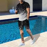 Men’s 2 Piece Summer Outfit – Black & White Splatter Print T-Shirt and Shorts Set | Casual Streetwear Matching Set