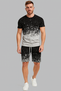 Men’s 2 Piece Summer Outfit – Black & White Splatter Print T-Shirt and Shorts Set | Casual Streetwear Matching Set
