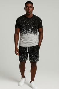 Men’s 2 Piece Summer Outfit – Black & White Splatter Print T-Shirt and Shorts Set | Casual Streetwear Matching Set