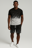 Men’s 2 Piece Summer Outfit – Black & White Splatter Print T-Shirt and Shorts Set | Casual Streetwear Matching Set