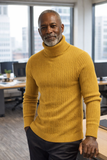 Men’s Mustard Cable-Knit Turtleneck Sweater – Slim Fit Urban Office & Streetwear Style