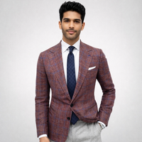 Burgundy Plaid Men’s Blazer – Two-Button Slim Fit Formal Jacket