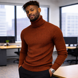 Men’s Brown Cable-Knit Turtleneck Sweater – Slim Fit Modern Urban Office Style