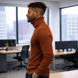 Men’s Brown Cable-Knit Turtleneck Sweater – Slim Fit Modern Urban Office Style