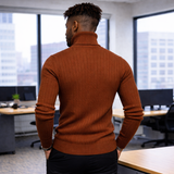 Men’s Brown Cable-Knit Turtleneck Sweater – Slim Fit Modern Urban Office Style